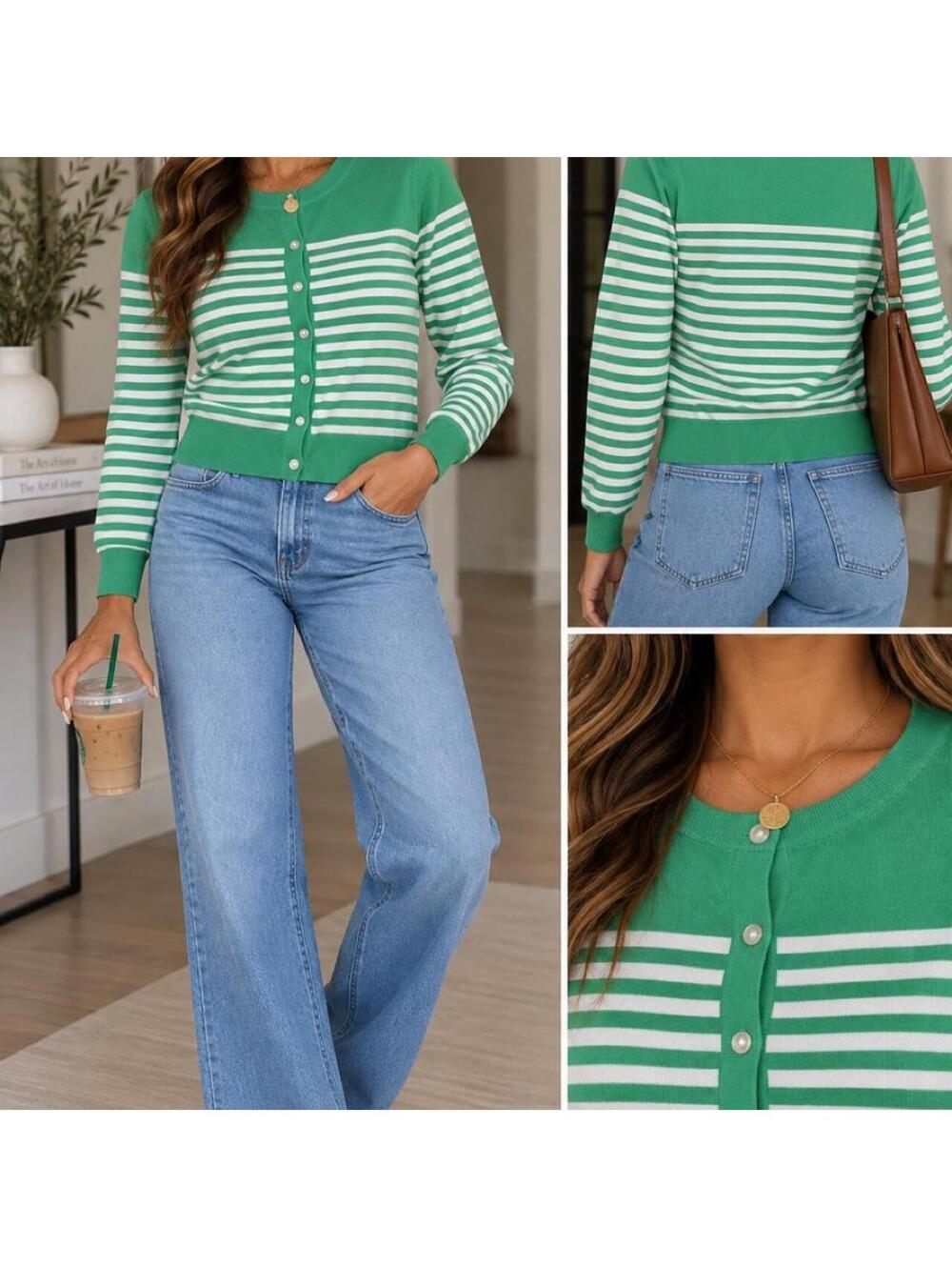 Lands’ End Green & White Striped Cardigan | Size L